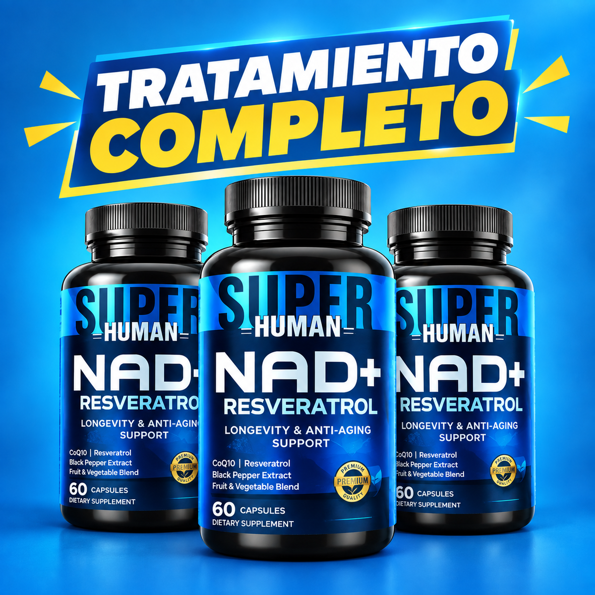 NAD + Resveratrol - Cápsulas de Reparación Celular Antienvejecimiento y Energía Extra (120 Cápsulas) - SuperHuman™
