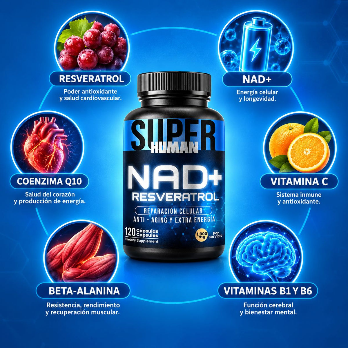 NAD + Resveratrol - Cápsulas de Reparación Celular Antienvejecimiento y Energía Extra (120 Cápsulas) -  SuperHuman™