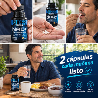 NAD + Resveratrol - Cápsulas de Reparación Celular Antienvejecimiento y Energía Extra (120 Cápsulas) -  SuperHuman™