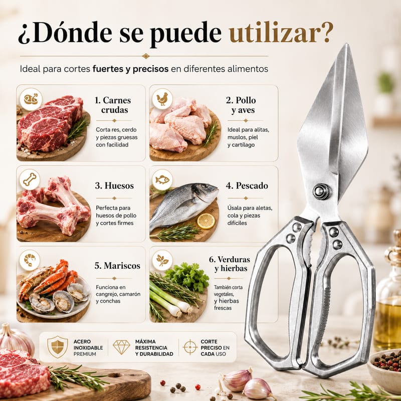 Tijeras de Cocina MULTIFUNCIONAL de Acero Inoxidable – Corta Pollo, Carne y Huesos Facilmente 🍗🥩🦴